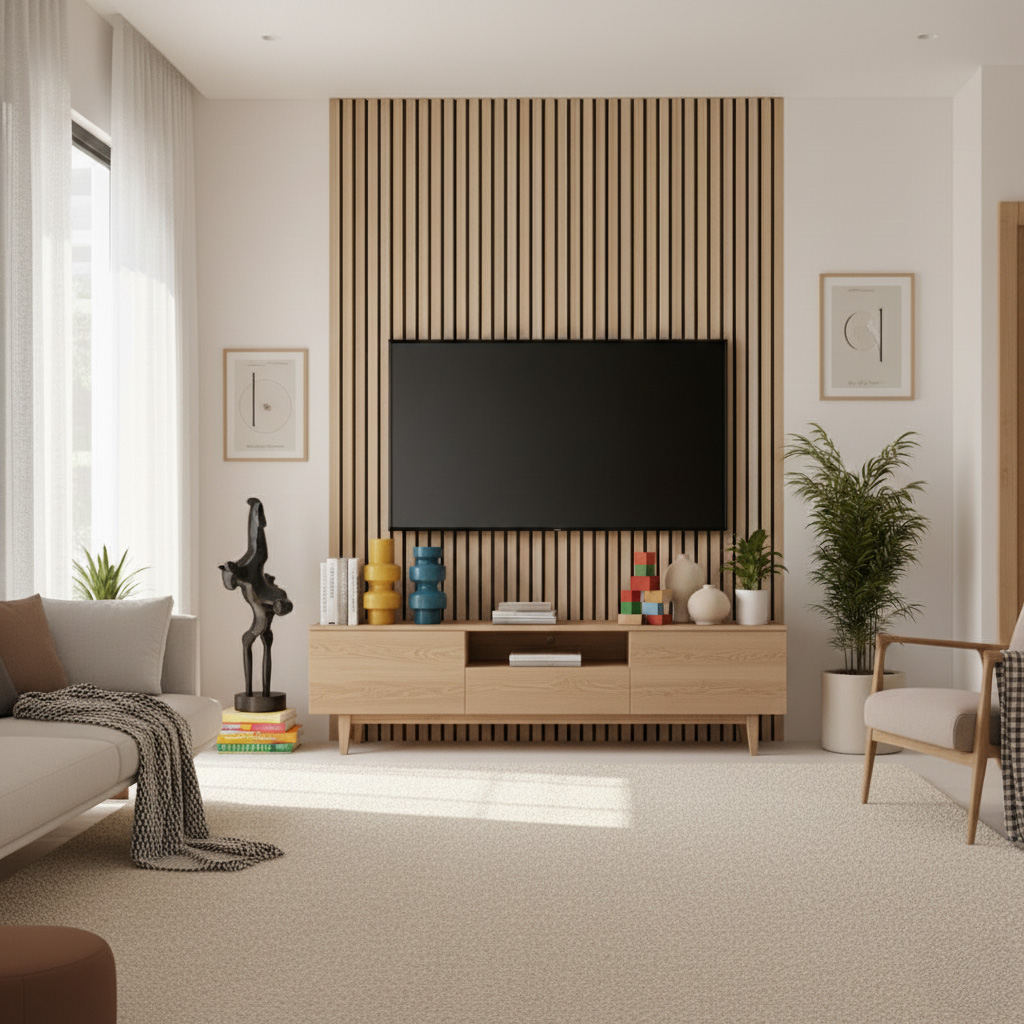 Akustické lamelové panely za televizí v moderním obýváku