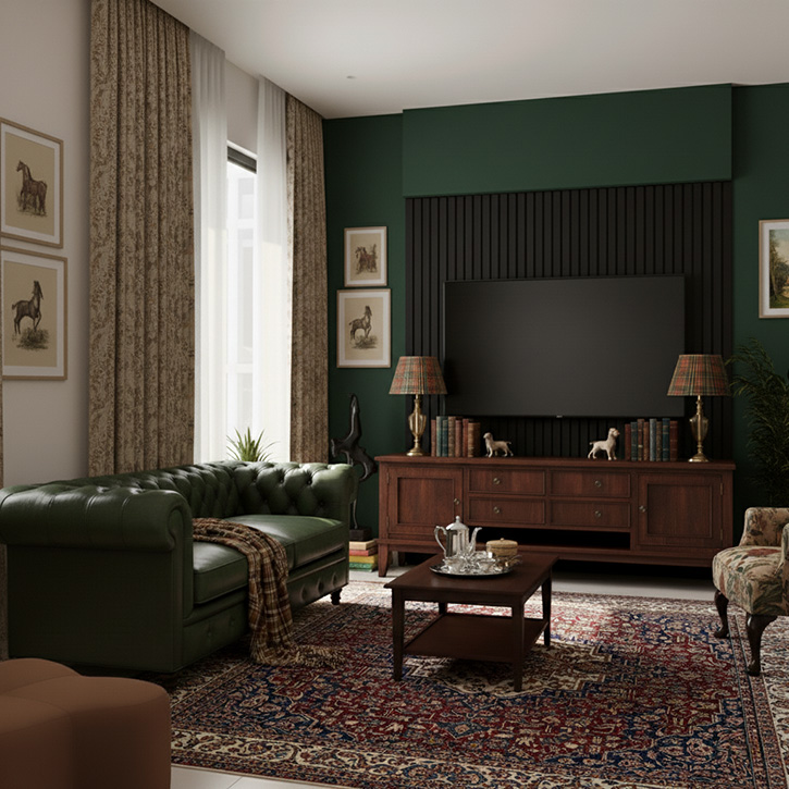 Černé dřevěné akustické panely za televizí v klasickém obýváku