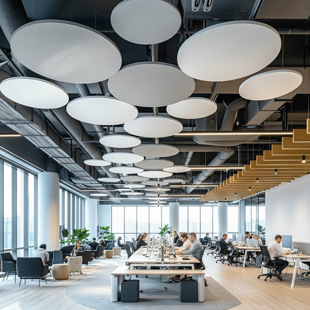 Kulaté stropní akustické panely v moderní kanceláři