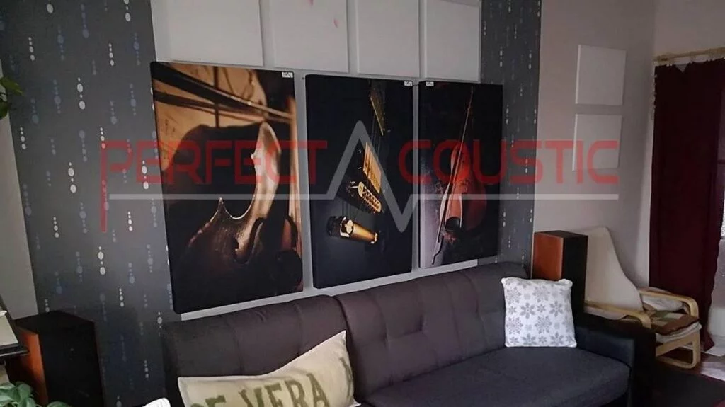 kustický panel s fotografiemi hudebních nástrojů v obývacím pokoji