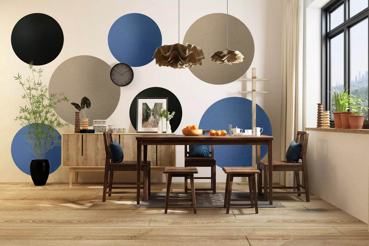 nápady na akustické panely – kulaté panely v jídelně