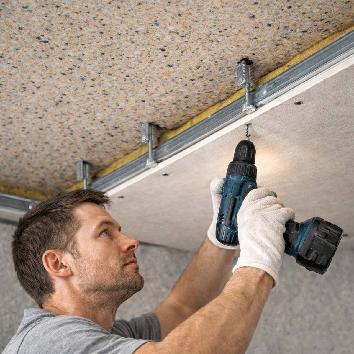 Montáž podhledu akustického s pružným zavěšením pro omezení hluku a kročejového zvuku od sousedů