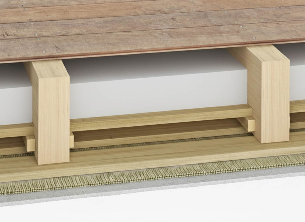 Struktura dřevěné podlahy s vrstvou zvukové izolace mezi trámy