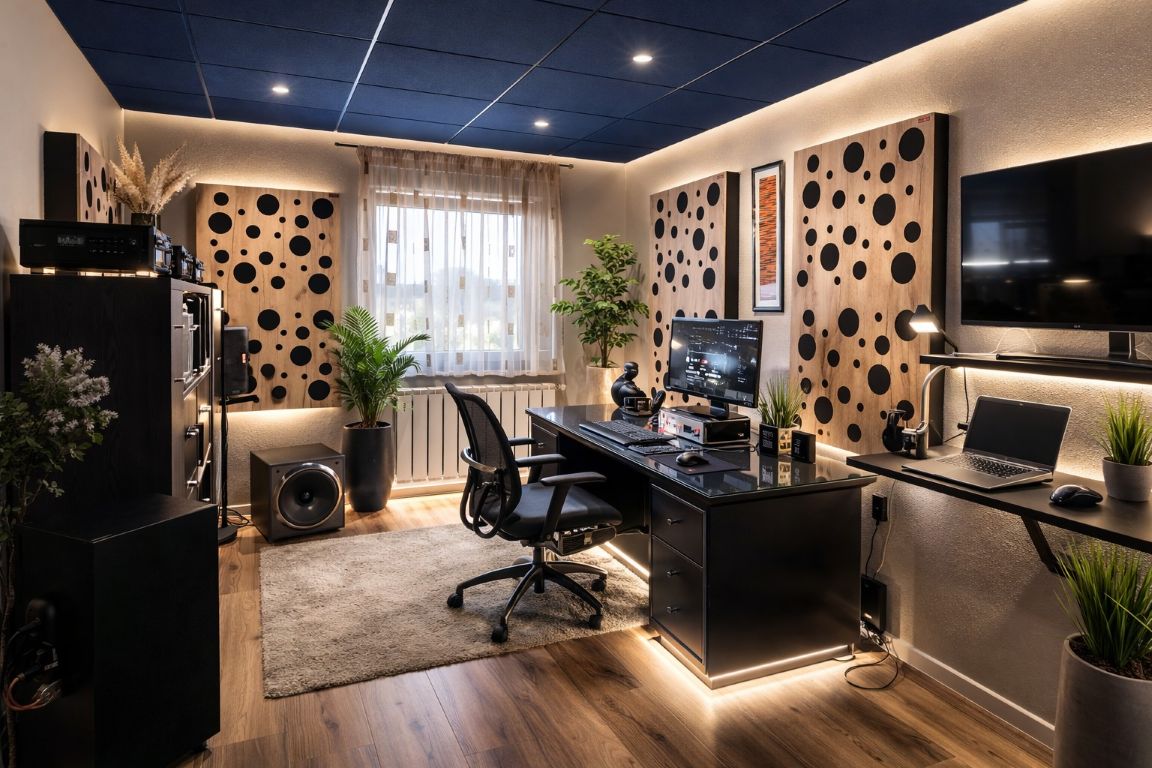 Tenká zvuková izolace stropu v kanceláři s lehkými stropními panely